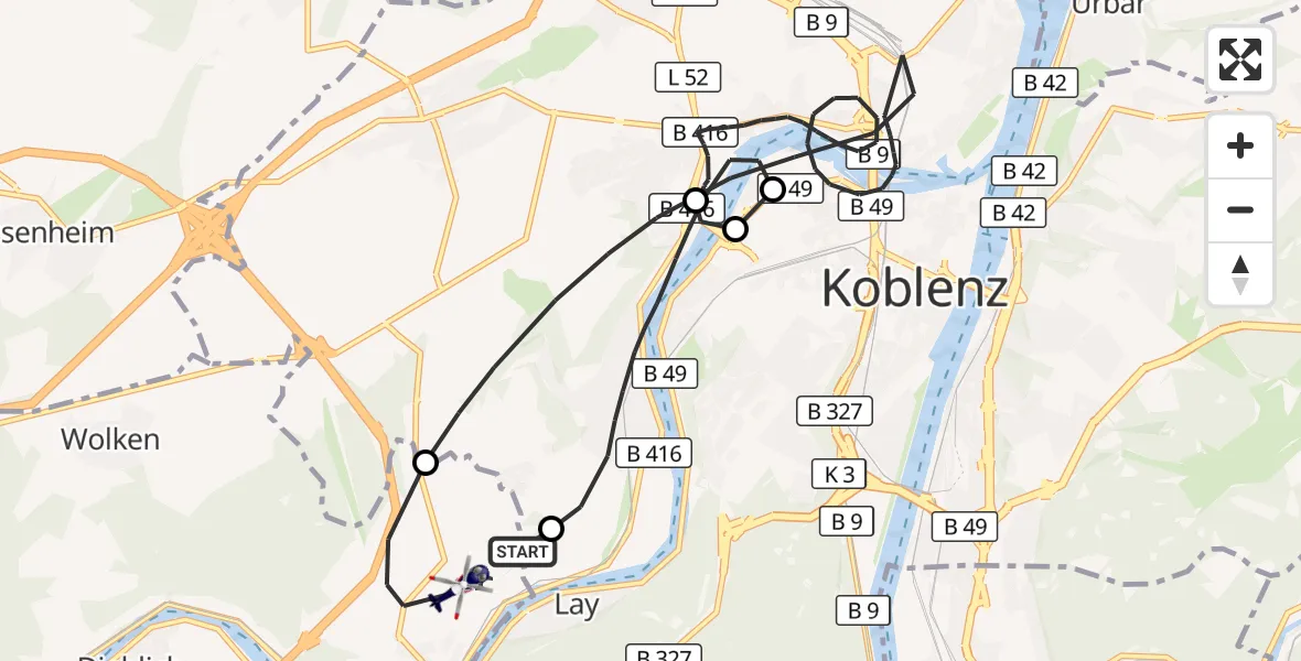 Flugroute Polizeihubschrauber Koblenz-Winningen Flugplatz - Koblenz-Winningen Flugplatz, 13 August 2026, 00:07