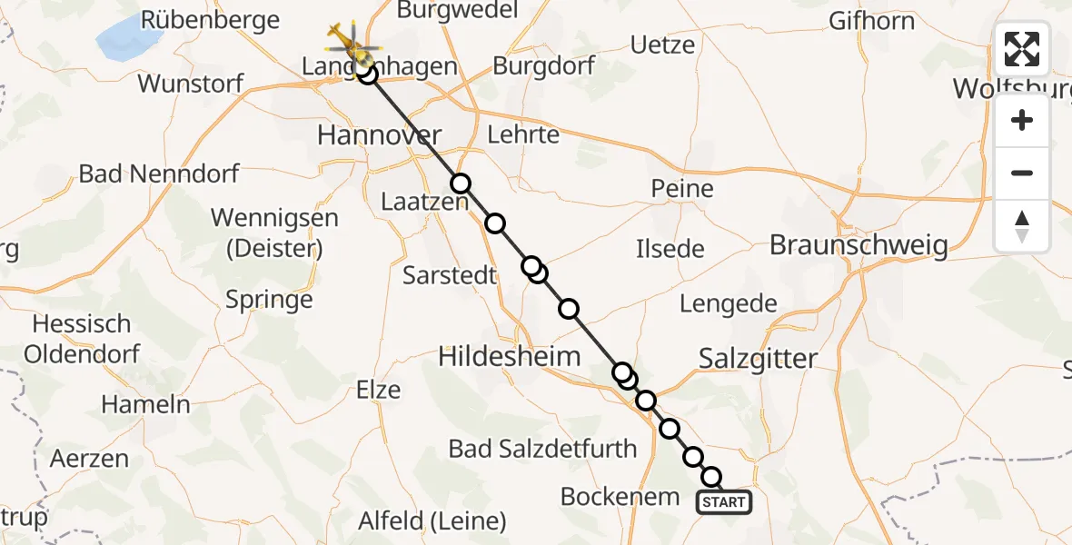 Flugroute Rettungshubschrauber Langelsheim - Flughafen Hannover, 13 August 2026, 00:14