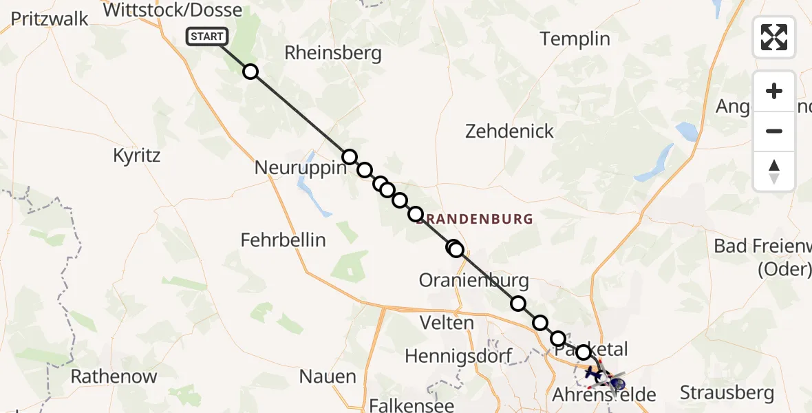 Flugroute Polizeihubschrauber Wittstock/Dosse - Ahrensfelde Hubschrauberlandeplatz, 13 August 2026, 00:33