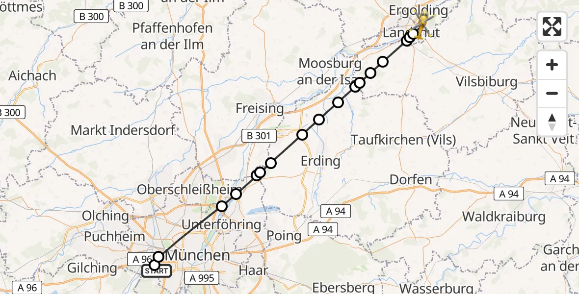 Flugroute Rettungshubschrauber DRF Air Rescue München Hubschrauberlandeplatz - Landshut, 13 August 2026, 02:28