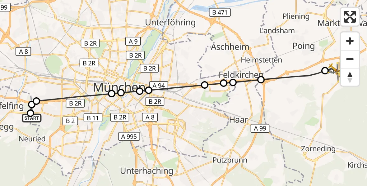 Flugroute Rettungshubschrauber DRF Air Rescue München Hubschrauberlandeplatz - Anzing, 13 August 2026, 04:35