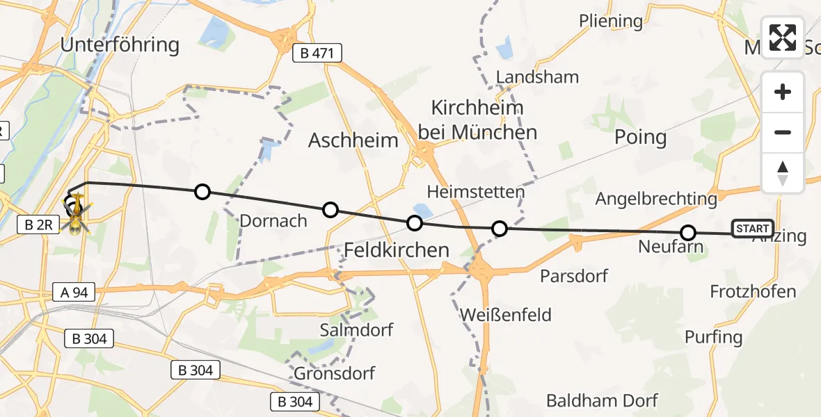 Flugroute Rettungshubschrauber Anzing - München Bogenhausen Hospital, 13 August 2026, 05:01