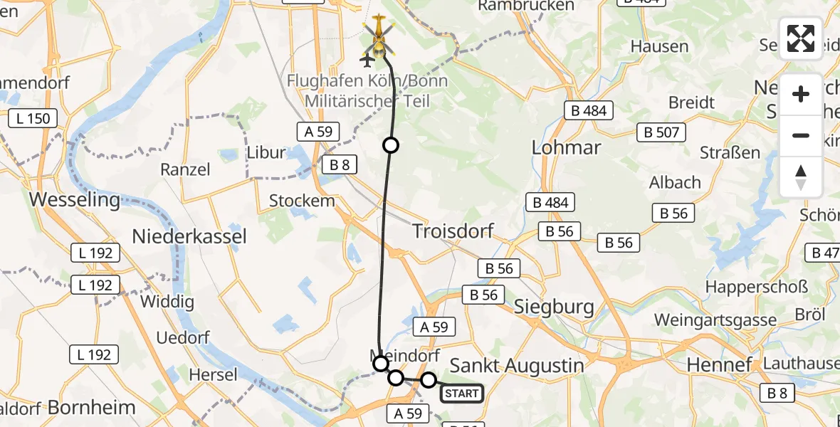 Flugroute Ambulanzhubschrauber Bonn-Hangelar Flugplatz - Köln Bonn Flughafen, 13 August 2026, 05:03