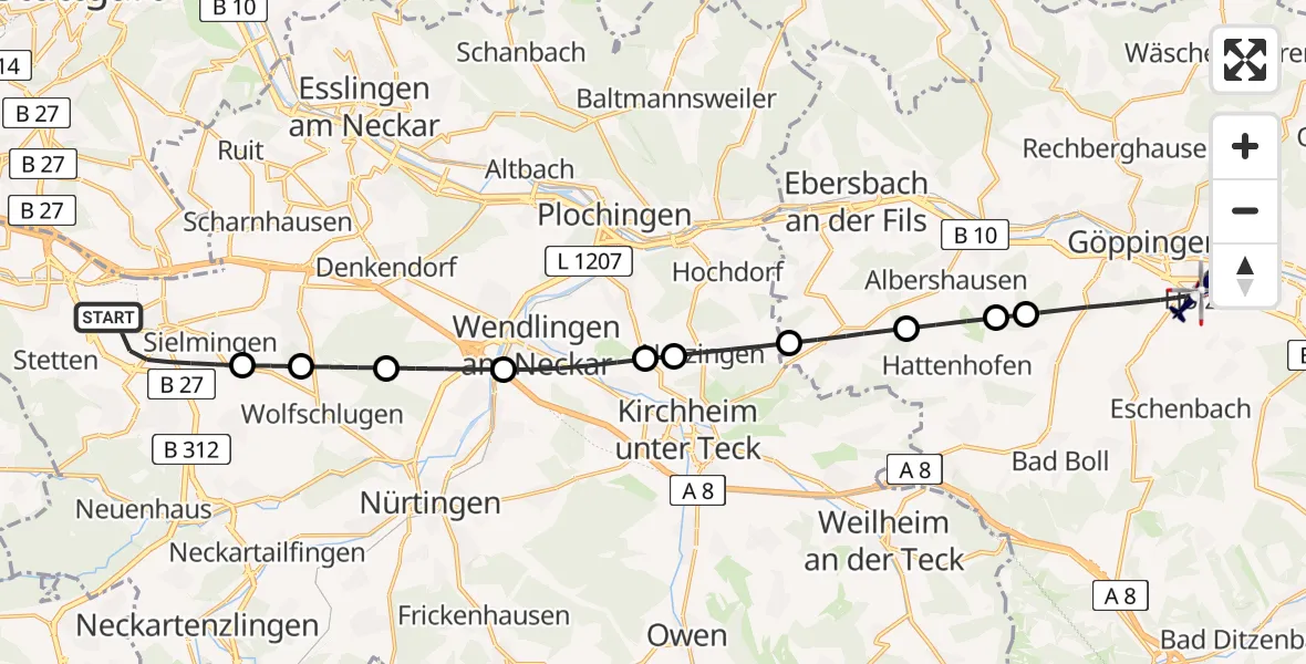 Flugroute Polizeihubschrauber Flughafen Stuttgart - Göppingen, 13 August 2026, 05:04