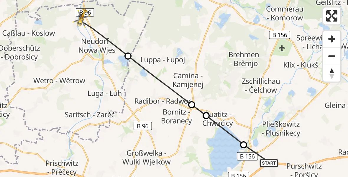 Flugroute Rettungshubschrauber Kubschütz - Neschwitz, 13 August 2026, 05:04
