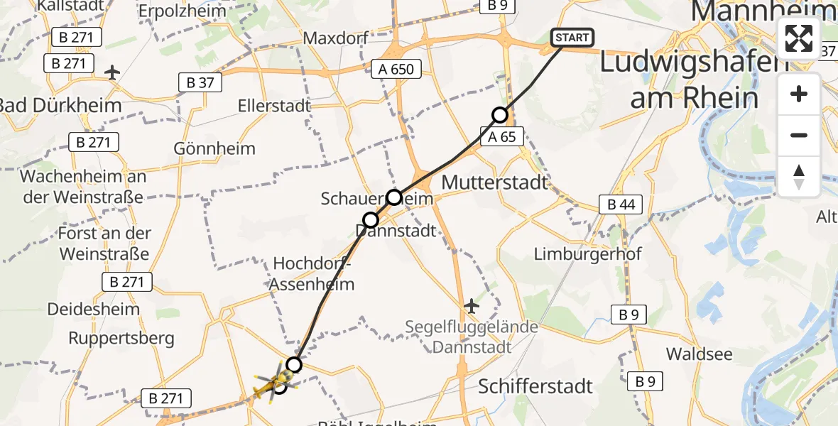 Flugroute Rettungshubschrauber Ludwigshafen am Rhein - Meckenheim, 13 August 2026, 05:16