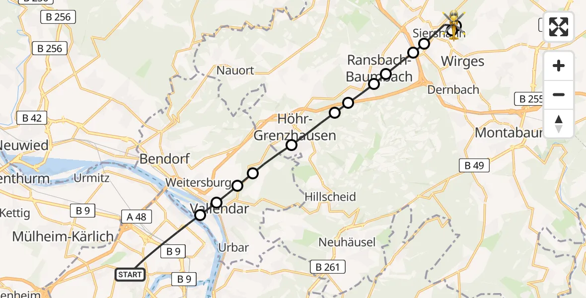 Flugroute Rettungshubschrauber Koblenz - Siershahn, 13 August 2026, 05:27