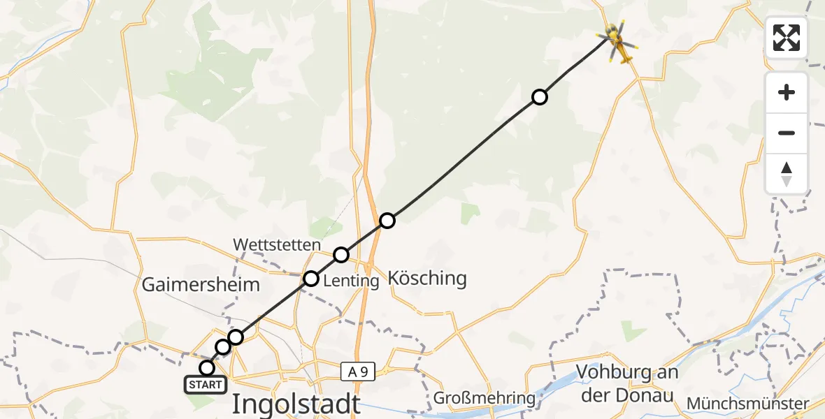 Flugroute Rettungshubschrauber Ingolstadt Hospital - Altmannstein, 13 August 2026, 05:33