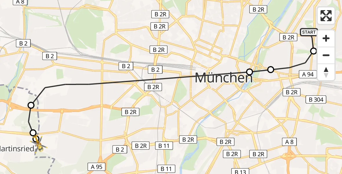 Flugroute Rettungshubschrauber München Bogenhausen Hospital - DRF Air Rescue München Hubschrauberlandeplatz, 13 August 2026, 05:36