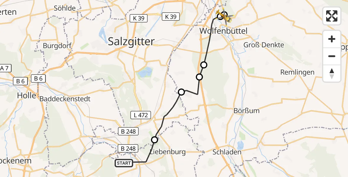 Flugroute Rettungshubschrauber Liebenburg - Wolfenbüttel Municipal Hospital Heliport (Christoph 30), 13 August 2026, 05:38