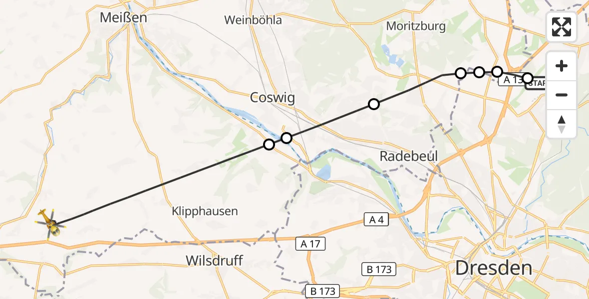 Flugroute Rettungshubschrauber Dresden Bundespolizei Hubschrauberlandeplatz - Klipphausen, 13 August 2026, 05:40