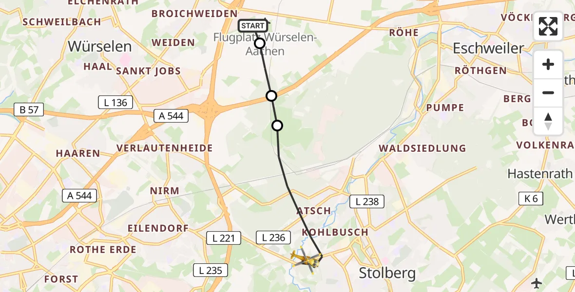 Flugroute Rettungshubschrauber Aachen-Merzbrück Flughafen - Stolberg (Rhld.), 13 August 2026, 05:44