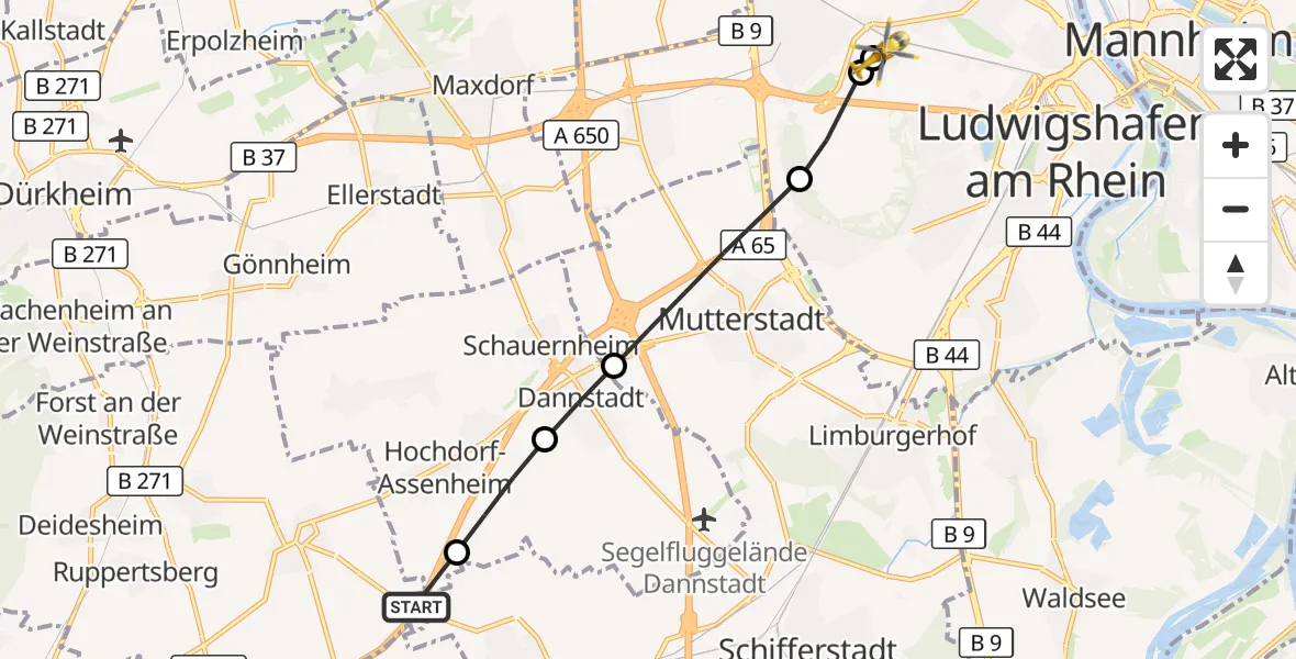 Flugroute Rettungshubschrauber Böhl-Iggelheim - Ludwigshafen Accident Hospital, 13 August 2026, 05:50