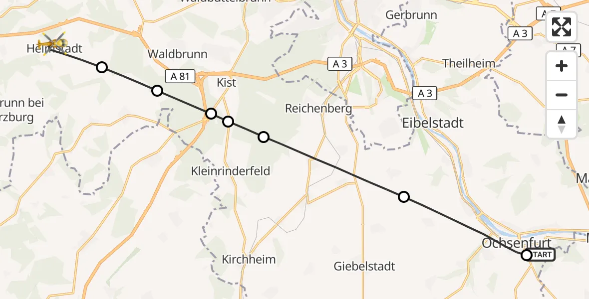 Flugroute Rettungshubschrauber Ochsenfurt Hospital - Helmstadt, 13 August 2026, 05:51