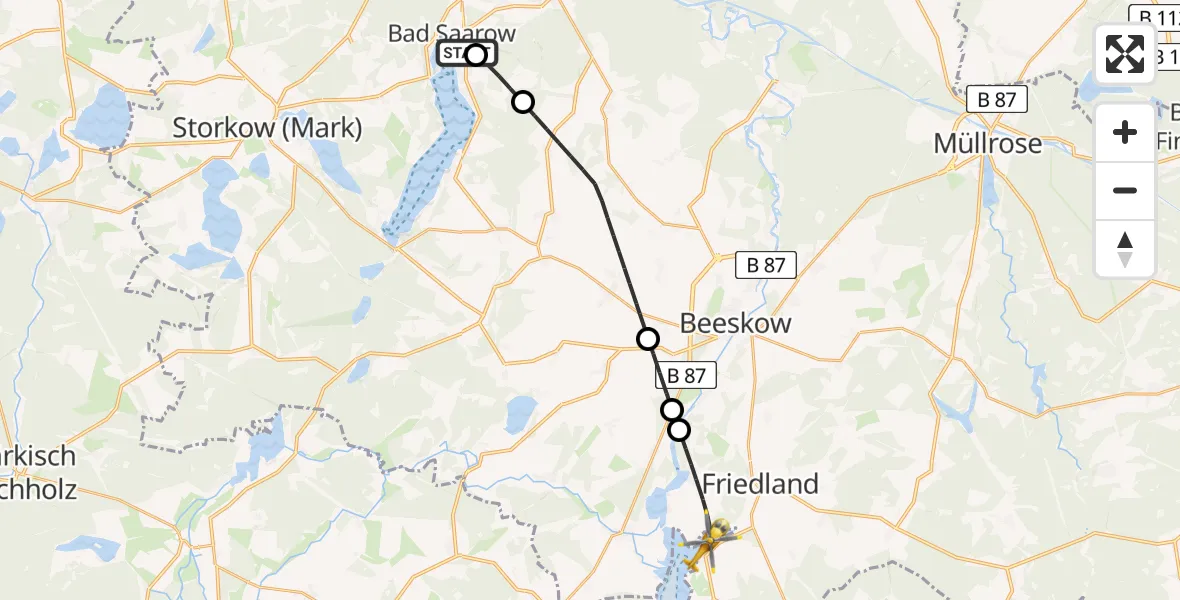 Flugroute Rettungshubschrauber Bad Saarow Hospital - Friedland, 13 August 2026, 05:54