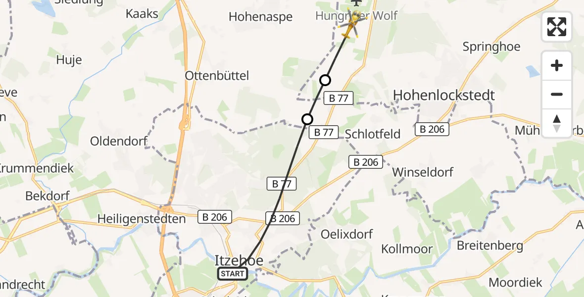 Flugroute Rettungshubschrauber Itzehoe - Hohenlockstedt, 13 August 2026, 05:55