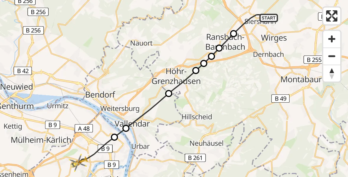 Flugroute Rettungshubschrauber Siershahn - Koblenz, 13 August 2026, 05:57
