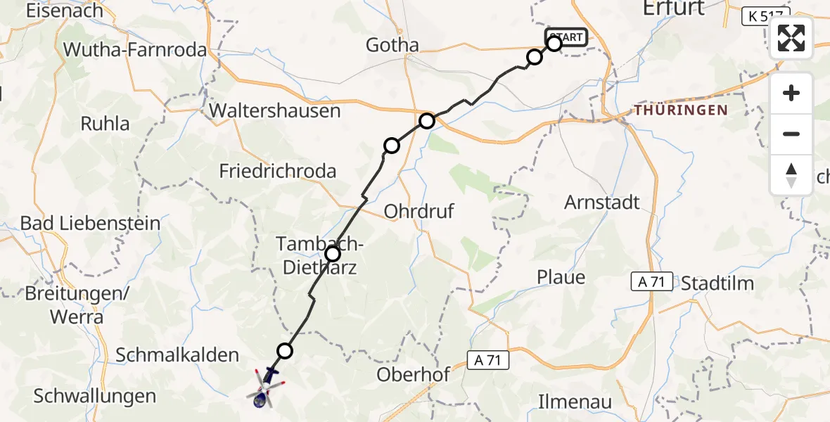 Flugroute Polizeihubschrauber Erfurt - Steinbach-Hallenberg, 13 August 2026, 06:18