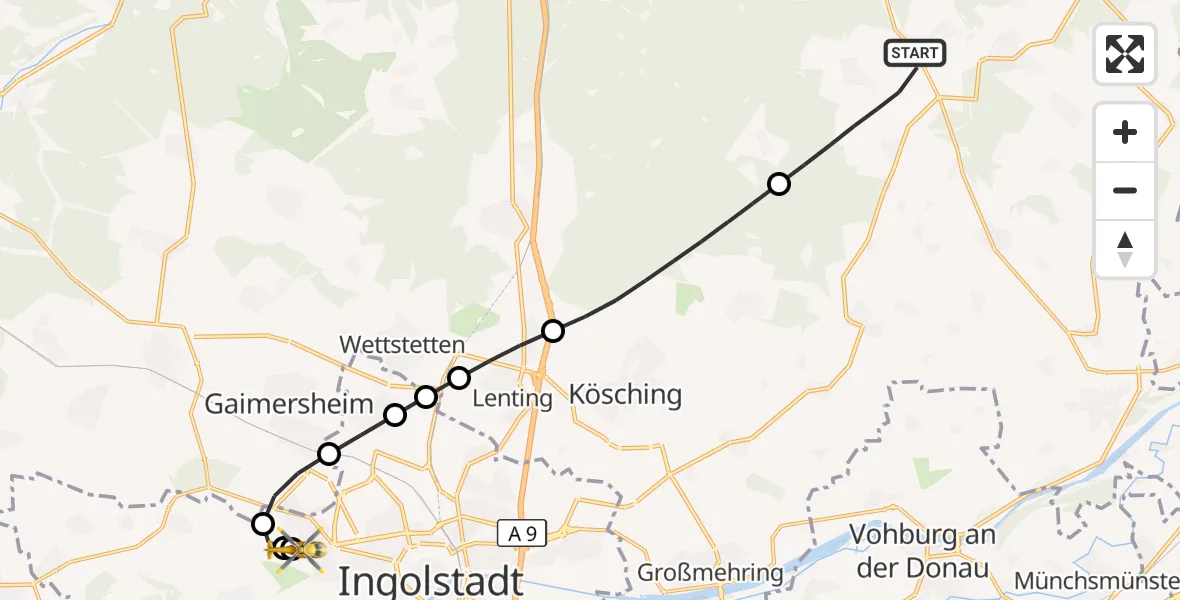 Flugroute Rettungshubschrauber Altmannstein - Ingolstadt Hospital, 13 August 2026, 06:19