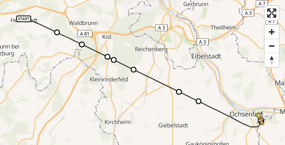 Flugroute Rettungshubschrauber Helmstadt - Ochsenfurt Hospital, 13 August 2026, 06:22