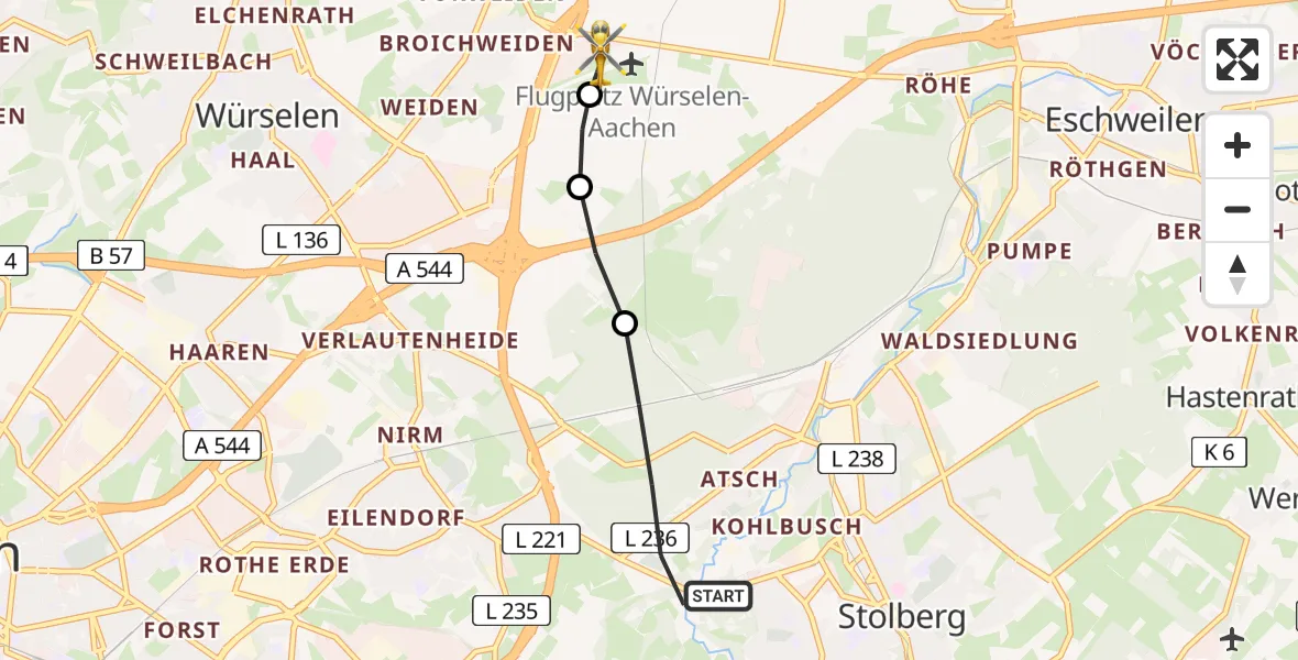 Flugroute Rettungshubschrauber Stolberg (Rhld.) - Aachen-Merzbrück Flughafen, 13 August 2026, 06:24