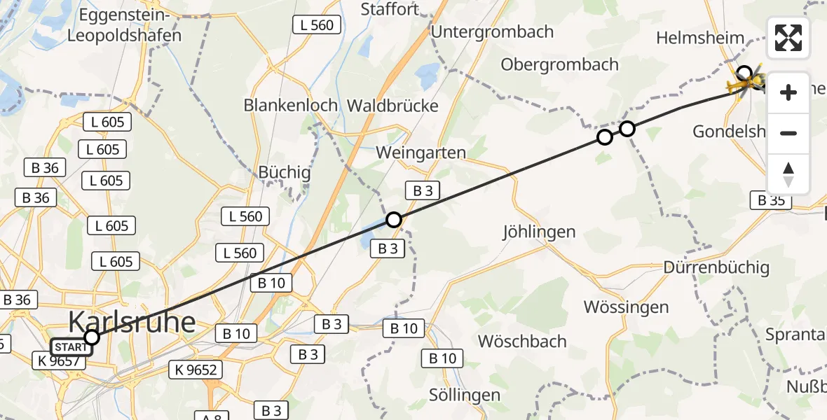 Flugroute Ambulanzhubschrauber Sankt Vincentius Hospital - Gondelsheim, 13 August 2026, 06:24