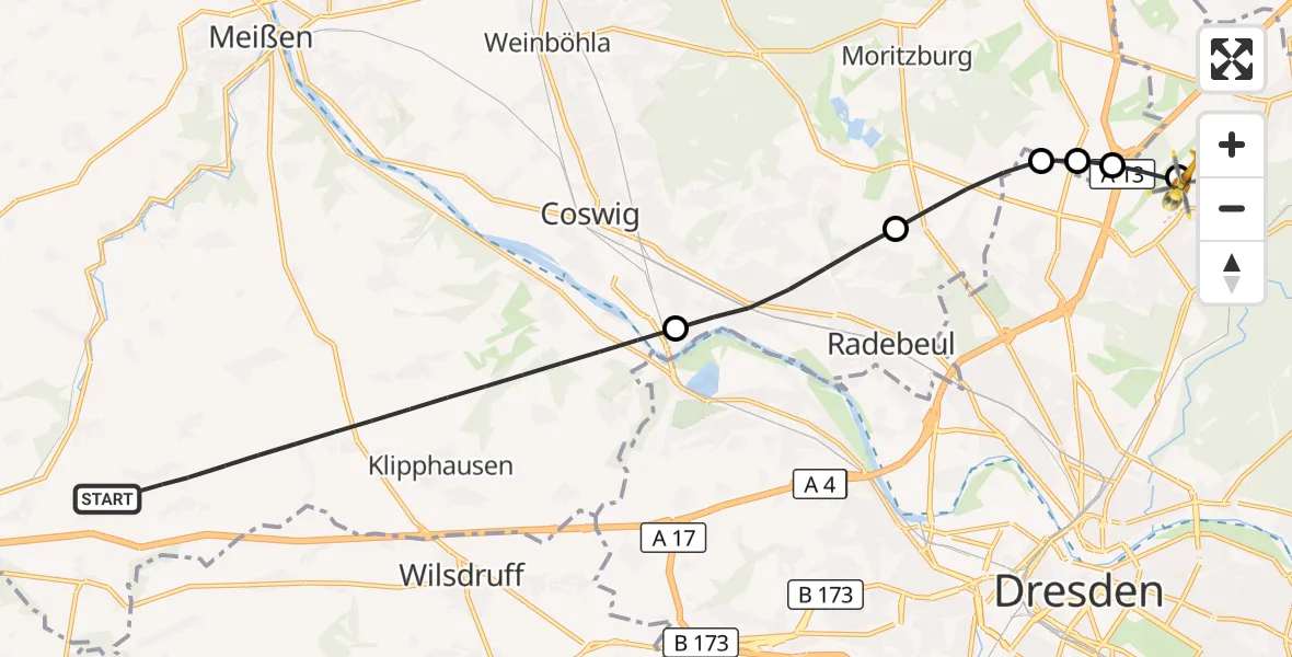 Flugroute Rettungshubschrauber Klipphausen - Dresden Bundespolizei Hubschrauberlandeplatz, 13 August 2026, 06:32