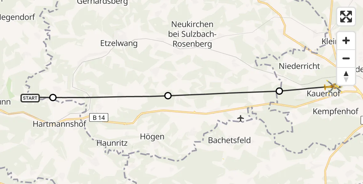 Flugroute Ambulanzhubschrauber Pommelsbrunn - Sulzbach-Rosenberg, 13 August 2026, 06:38