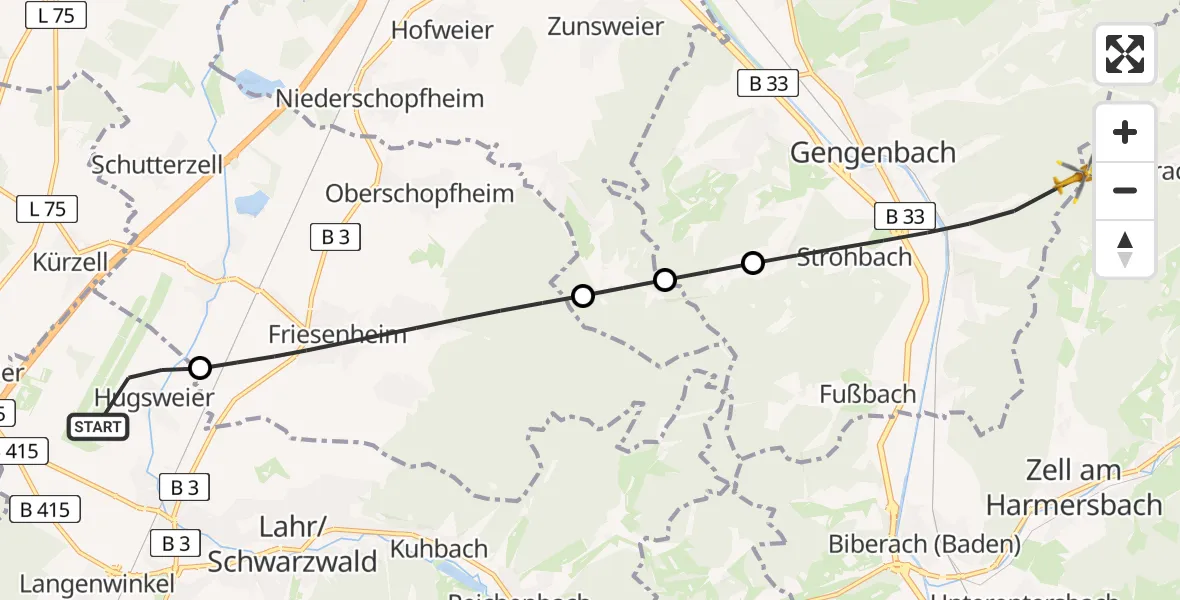 Flugroute Rettungshubschrauber Lahr Flughafen - Gengenbach, 13 August 2026, 06:39