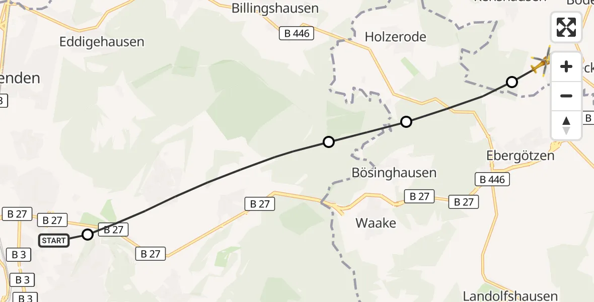 Flugroute Rettungshubschrauber Göttingen University Clinic Hubschrauberlandeplatz - Krebeck, 13 August 2026, 06:43