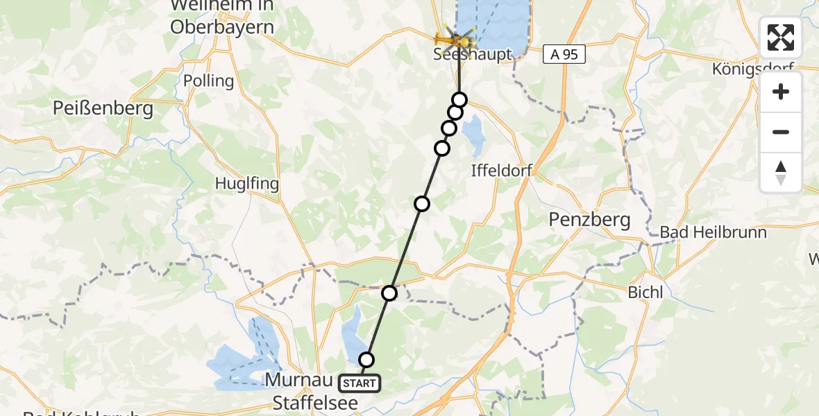 Flugroute Rettungshubschrauber Murnau a.Staffelsee - Seeshaupt, 13 August 2026, 06:45
