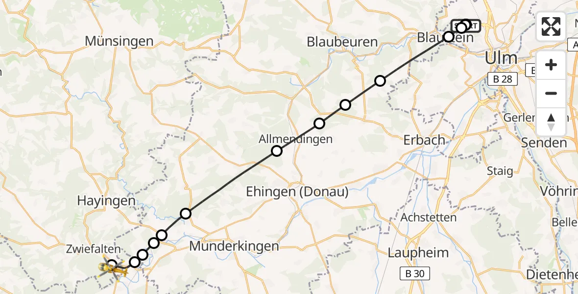 Flugroute Rettungshubschrauber Ulm Military Hospital Emergency - Zwiefalten, 13 August 2026, 06:51