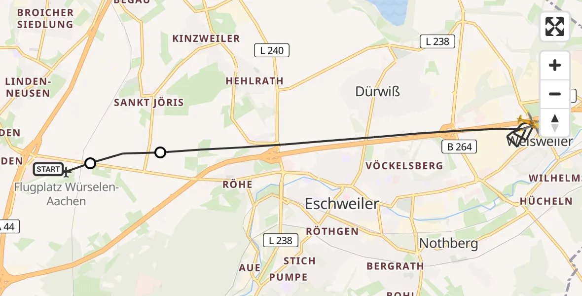 Flugroute Rettungshubschrauber Aachen-Merzbrück Flughafen - Eschweiler, 13 August 2026, 06:54