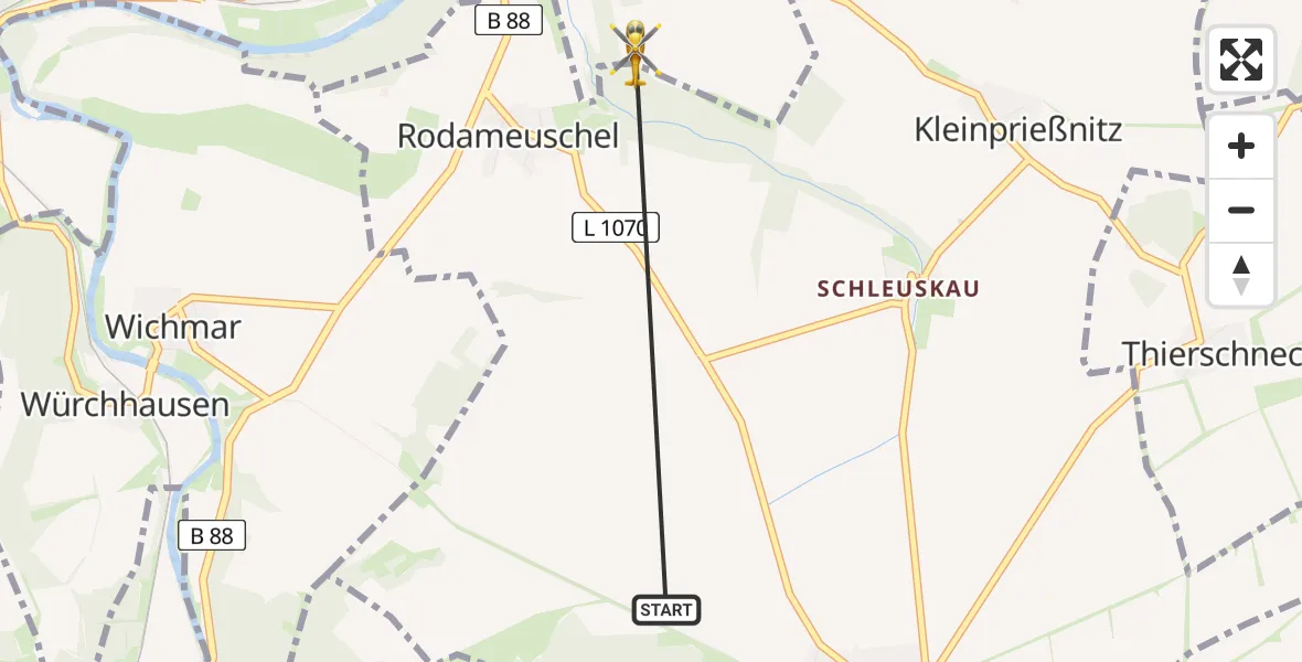 Flugroute Rettungshubschrauber Frauenprießnitz - Dornburg-Camburg, 13 August 2026, 06:58