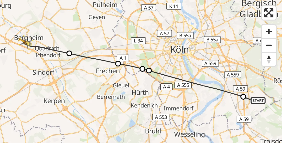 Flugroute Rettungshubschrauber Köln Bonn Flughafen - Bergheim, 13 August 2026, 07:01