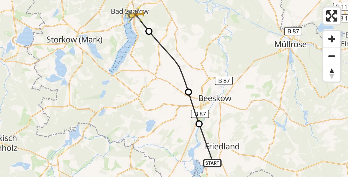 Flugroute Rettungshubschrauber Friedland - Bad Saarow, 13 August 2026, 07:05