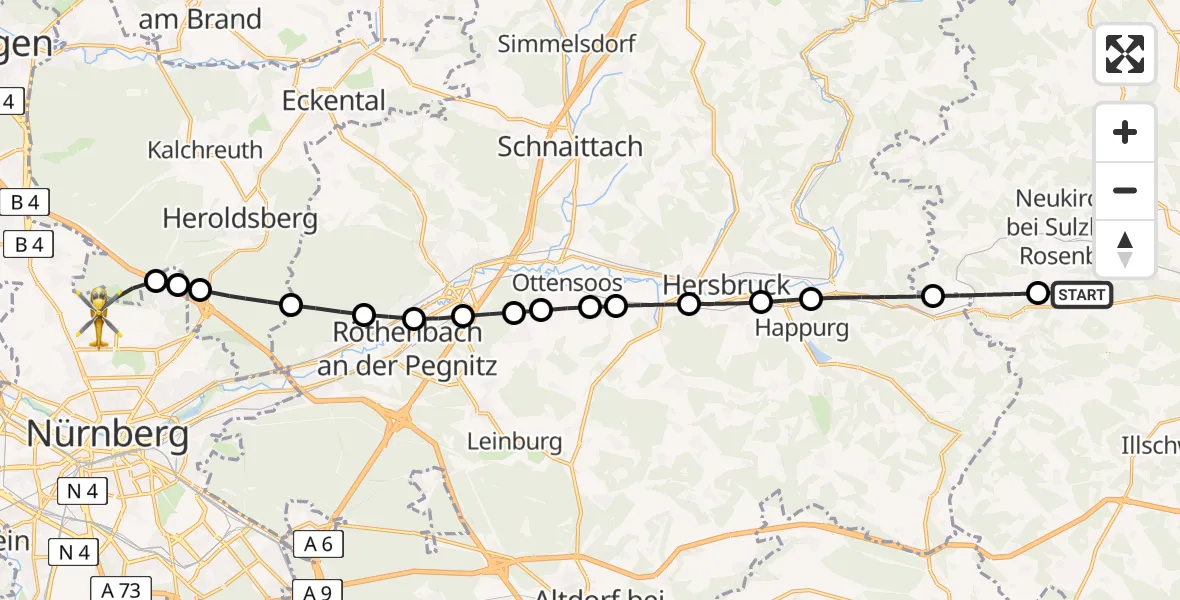Flugroute Ambulanzhubschrauber Neukirchen b.Sulzbach-Rosenberg - Flughafen Nuremberg, 13 August 2026, 07:06