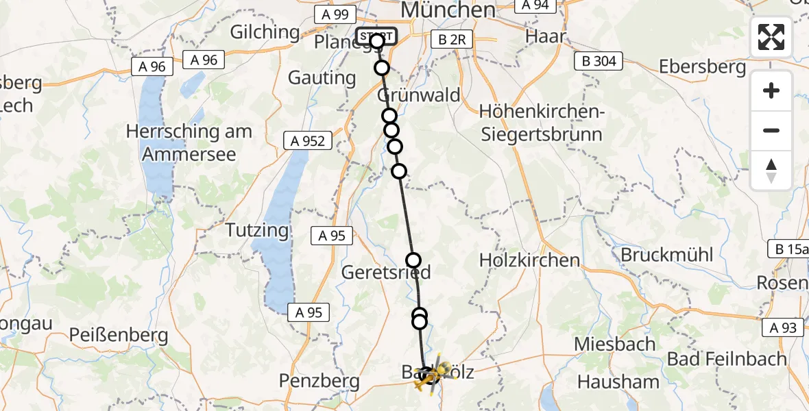 Flugroute Rettungshubschrauber DRF Air Rescue München Hubschrauberlandeplatz - Asklepios Clinic Bad Tölz, 13 August 2026, 07:12