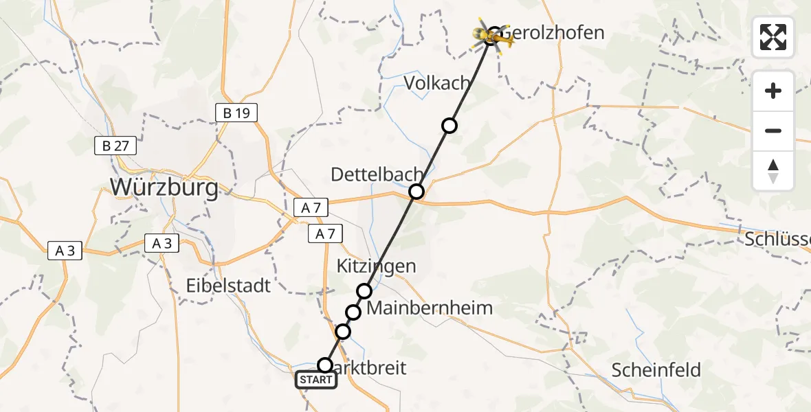 Flugroute Rettungshubschrauber Marktbreit - Frankenwinheim, 13 August 2026, 07:14