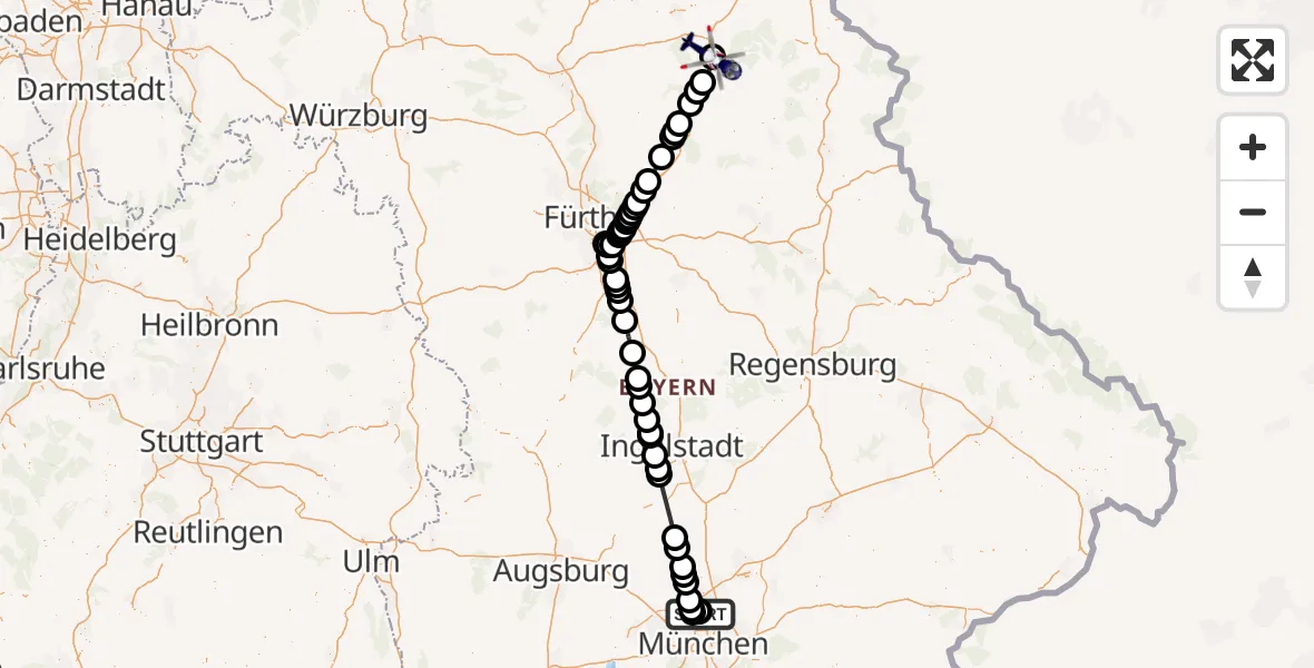 Flugroute Polizeihubschrauber Oberschleissheim Hubschrauberlandeplatz - Bindlach, 13 August 2026, 07:15