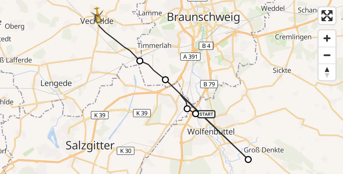 Flugroute Rettungshubschrauber Wolfenbüttel Municipal Hospital Heliport (Christoph 30) - Vechelde, 13 August 2026, 07:15