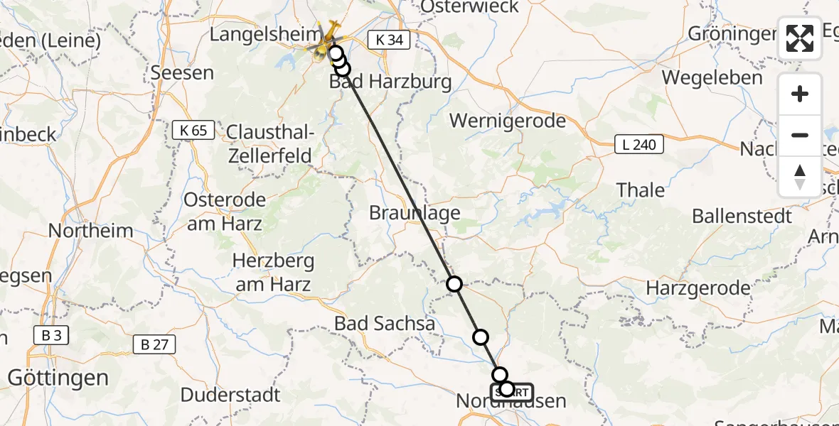 Flugroute Rettungshubschrauber Südharz Hospital Nordhausen - Goslar, 13 August 2026, 07:20