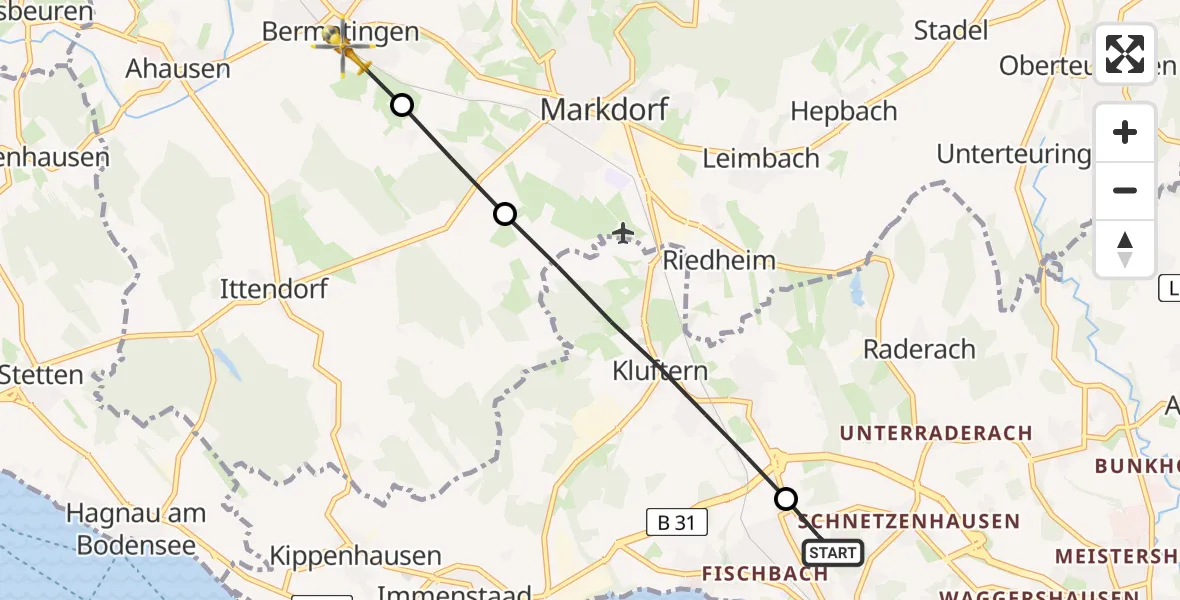 Flugroute Rettungshubschrauber Friedrichshafen Hospital - Bermatingen, 13 August 2026, 07:22