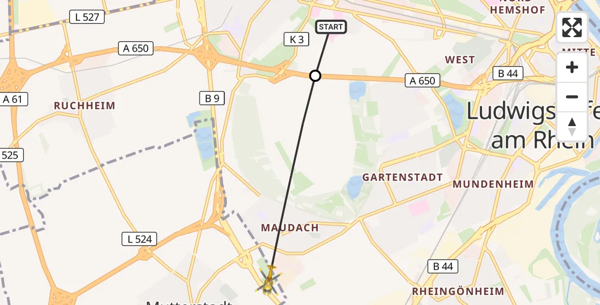 Flugroute Rettungshubschrauber Ludwigshafen Accident Hospital - Mutterstadt, 13 August 2026, 07:24