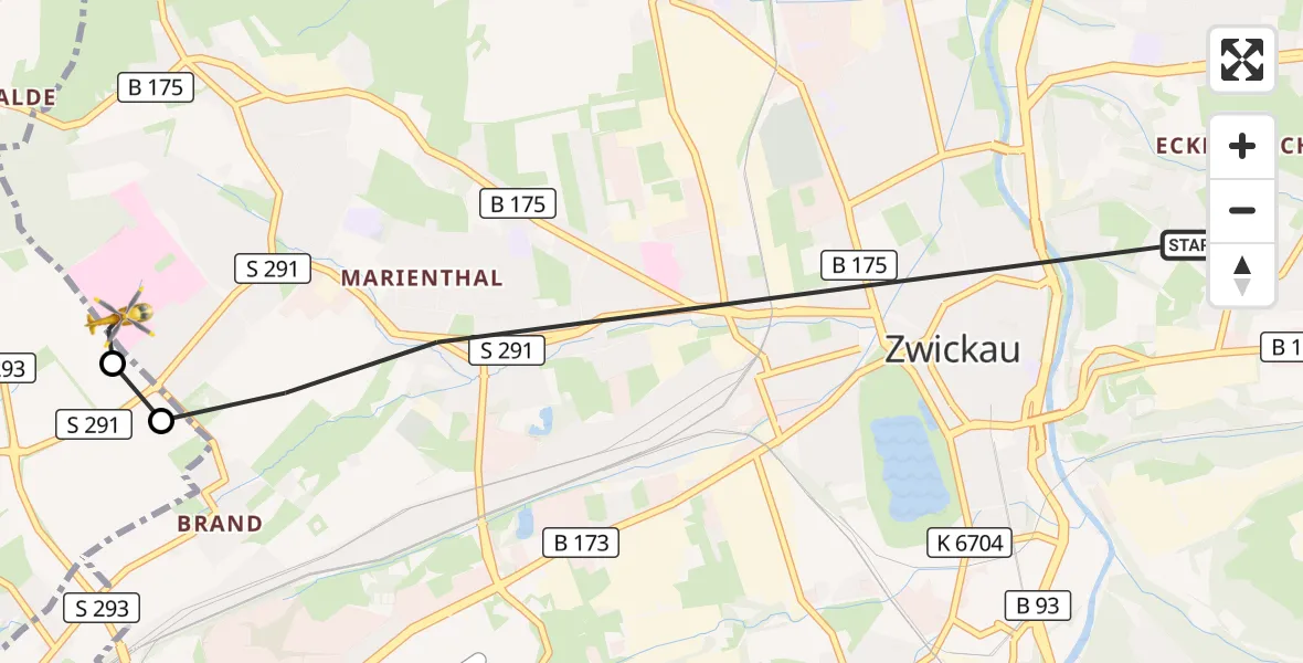 Flugroute Rettungshubschrauber Zwickau - ADAC Air Rescue Station Zwickau Hubschrauberlandeplatz, 13 August 2026, 07:30