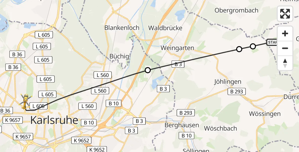 Flugroute Ambulanzhubschrauber Gondelsheim - Karlsruhe, 13 August 2026, 07:30