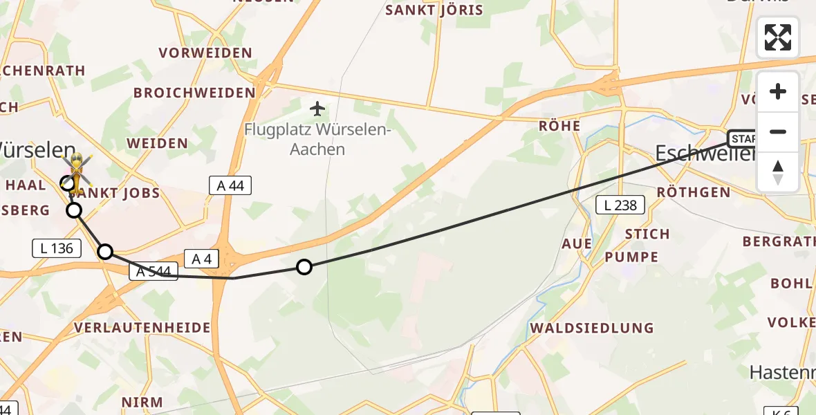 Flugroute Rettungshubschrauber Eschweiler - Rhein-Maas Hospital, 13 August 2026, 07:30