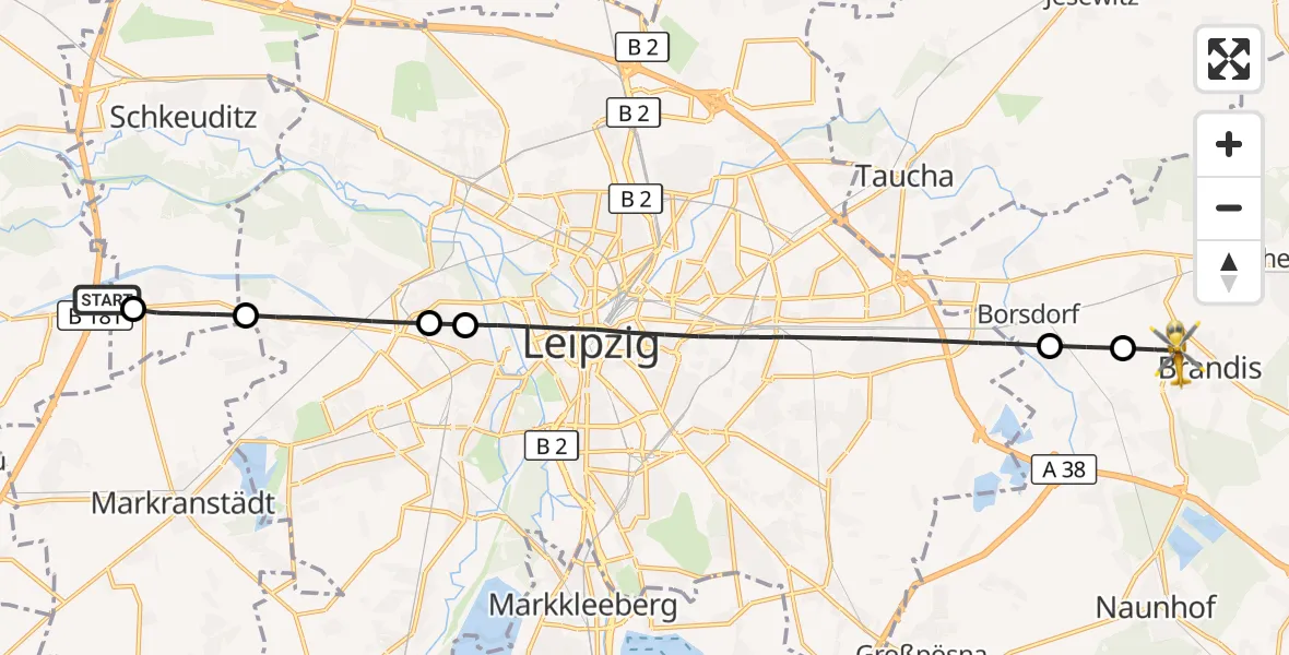 Flugroute Rettungshubschrauber ADAC Air Rescue Station Leipzig/Schkeuditz-Dölzig Hubschrauberlandeplatz (Christoph 61) - Brandis, 13 August 2026, 07:30