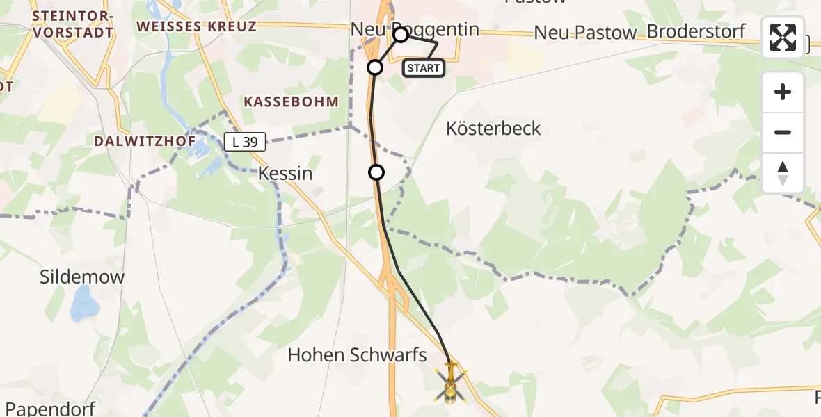 Flugroute Ambulanzhubschrauber Roggentin - Dummerstorf, 13 August 2026, 07:31