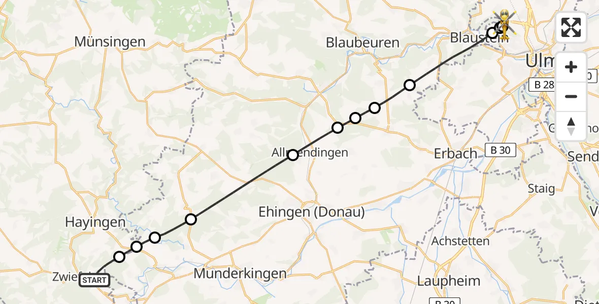 Flugroute Rettungshubschrauber Zwiefalten - Ulm Military Hospital Emergency, 13 August 2026, 07:31